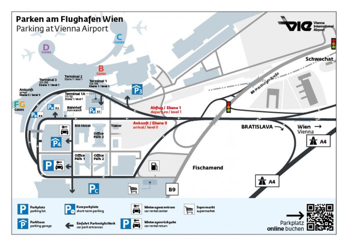 Mappa di Vienna aeroporto, parcheggio gratuito